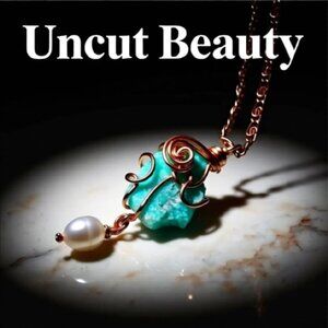2-Sided Pendant! Natural Rough Teal Peruvian Amazonite + Pearl + Copper Chain